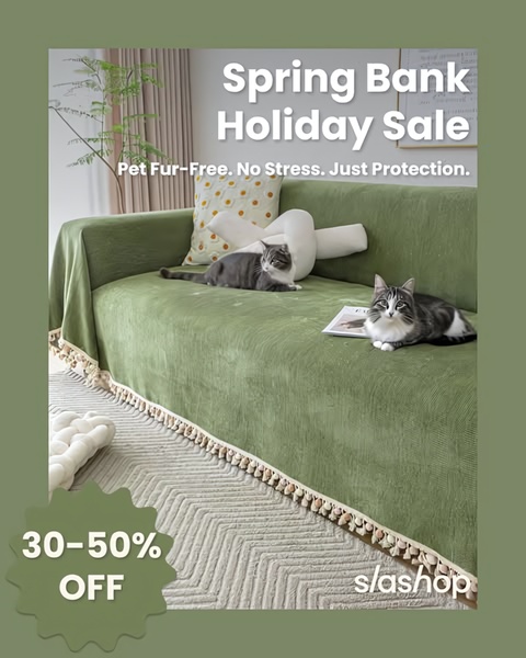 A 4:5 aspect ratio ad featuring a green sofa slipcover with two cats, highlighting a seasonal sale and a functional benefit.