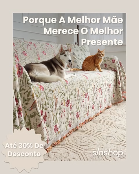 A lifestyle-focused ad creative for a sofa cover featuring a dog and cat on a floral-patterned couch with a discount offer.
