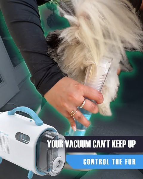 A close-up shot showing a pet fur remover brush cleaning animal hair from a sofa, emphasizing the product's effectiveness compared to a standard vacuum.