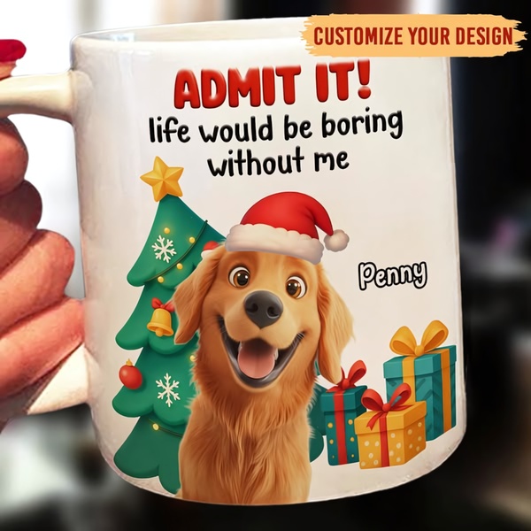 A high-quality 1:1 image featuring a customizable ceramic mug with a festive Christmas golden retriever portrait and personalized name text.