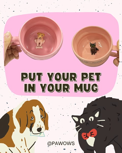A split-screen product showcase highlighting custom ceramic mugs with 3D animal figurines inside, using a soft, illustrative brand aesthetic.