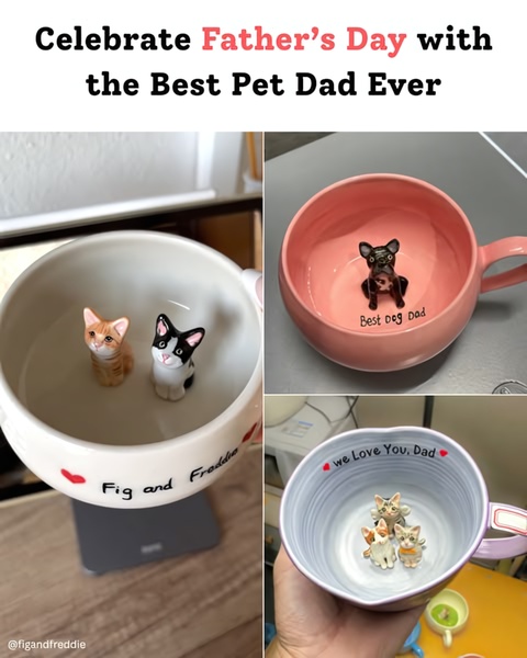 This creative showcases custom-made ceramic mugs featuring miniature 3D sculpted pets at the bottom, highlighting the personalized touch for pet dads.