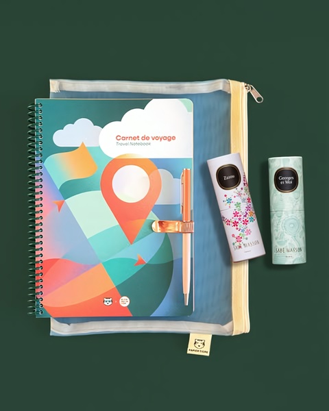 travel notebook, spiral notebook, journal, writing pen, cosmetic pouch, perfume stick, new arrival, bundle offer, flat lay, calm, fresh, neutral, blue