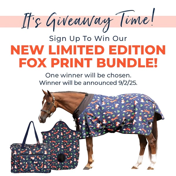 A high-conversion giveaway creative featuring a horse wearing a limited edition fox-print blanket and matching equipment bag.