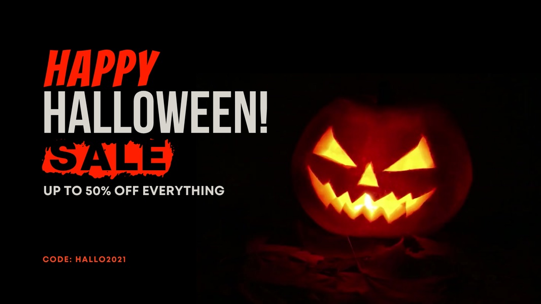 A high-contrast Halloween themed promotion featuring a glowing carved pumpkin to drive urgent discount clicks.