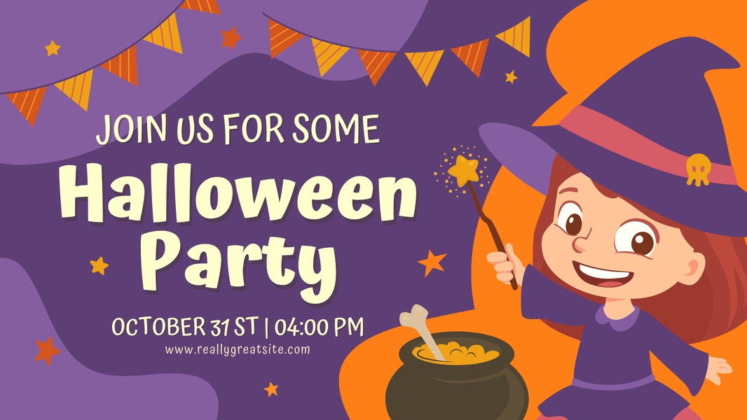 A festive 16_9 invitation graphic featuring a witch character to promote a themed event.
