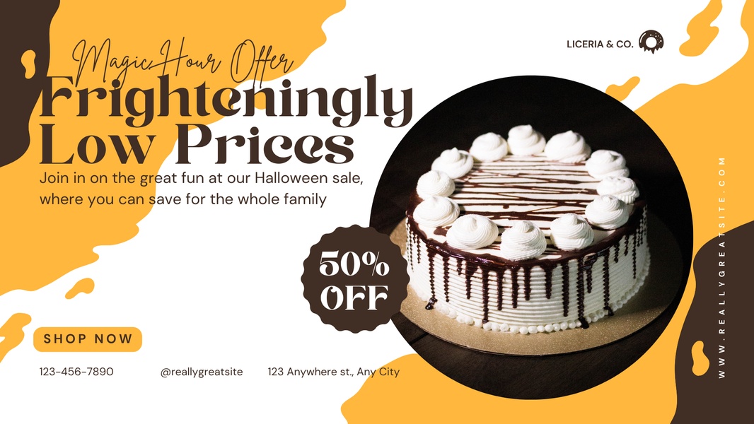 A horizontal advertisement featuring a chocolate-drip cake with an offer for fifty percent off.