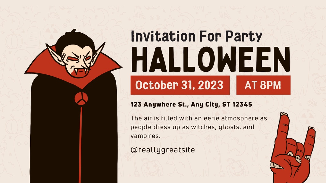 A thematic Halloween event invitation featuring a stylized vampire character and a clear, date-specific call to action.