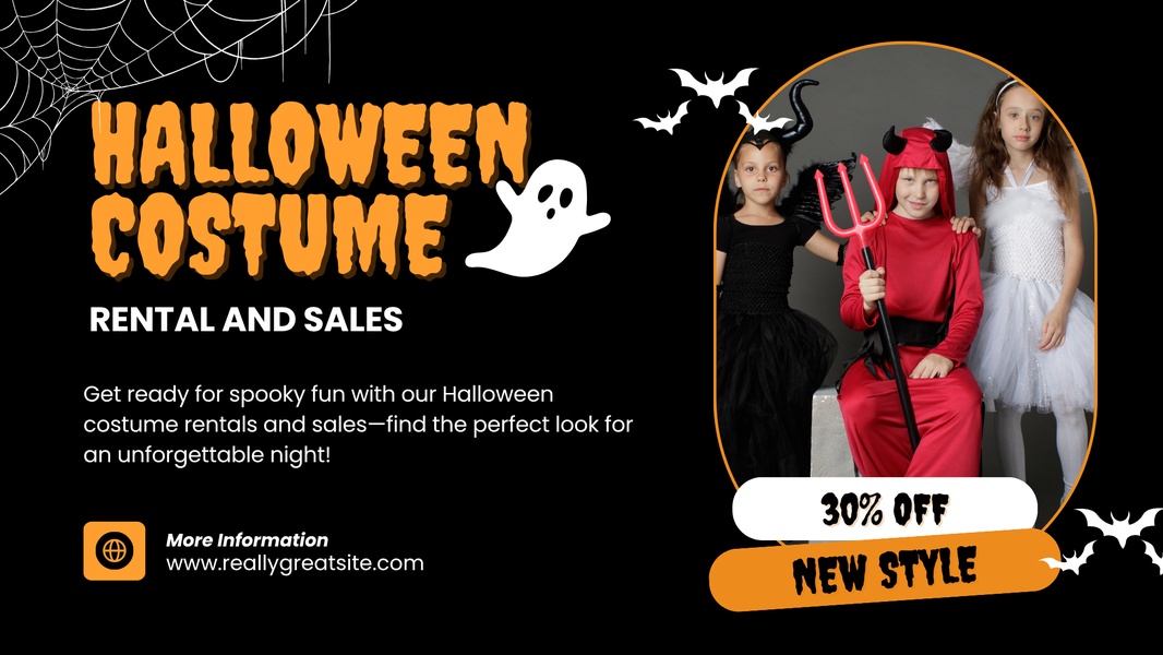 A festive seasonal ad featuring kids in Halloween costumes to promote rental and sale discounts.