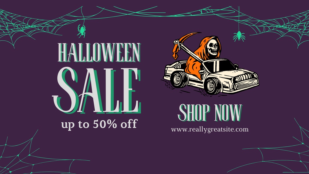 This creative features a themed Halloween graphic with a skeleton reaper in a car, utilizing a purple and green color palette to announce a store-wide sale.