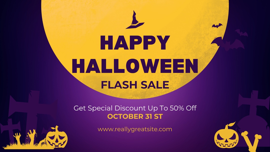 A seasonal flash sale ad creative using a high-contrast moon background and thematic Halloween elements to drive urgency for a holiday-themed offer.