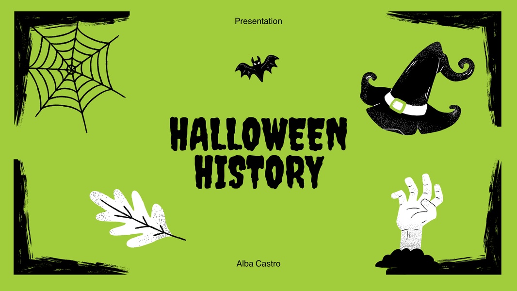 A festive, themed presentation slide featuring classic Halloween motifs like a spider web, witch hat, and zombie hand on a lime green background.