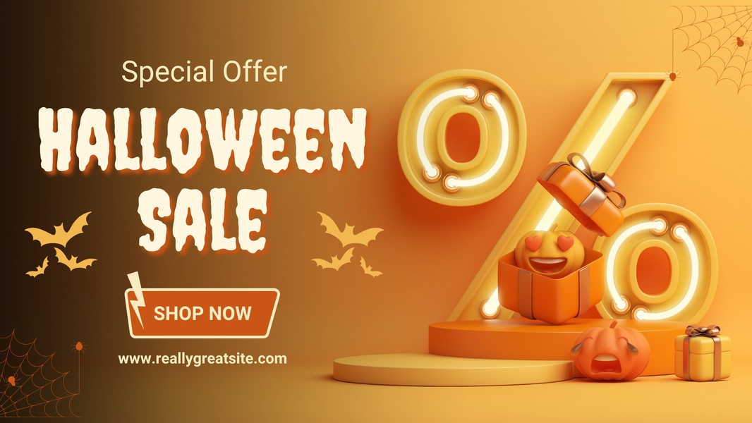 A festive, 3D-rendered promotional banner featuring neon accents, pumpkins, and spooky elements to drive urgency for a holiday sale.