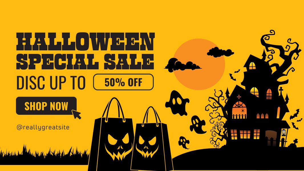 A festive Halloween-themed sale graphic featuring a haunted house silhouette and shopping bags in a bold yellow and black color scheme.