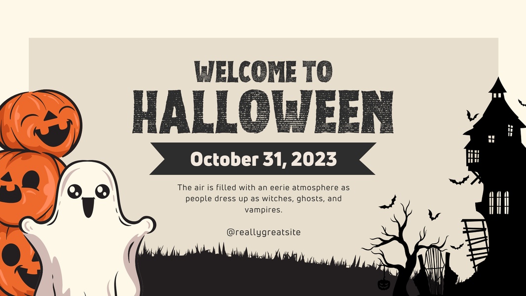 This event invitation uses a spooky, festive theme for an October 31st celebration, featuring illustrated pumpkins and a ghost character.