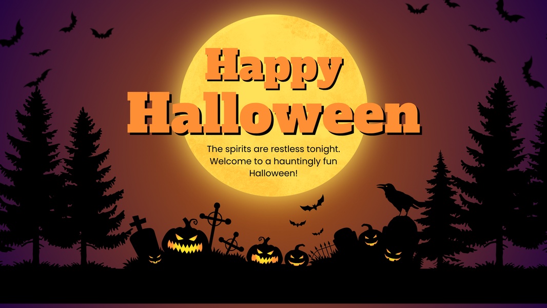 A dark, festive Halloween-themed graphic featuring a large moon, silhouettes of trees, pumpkins, and bats, set against a dark purple background.
