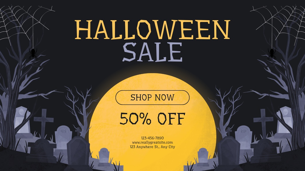 A high-contrast Halloween promotional image featuring a graveyard scene with a central moon motif to highlight a 50% off discount.