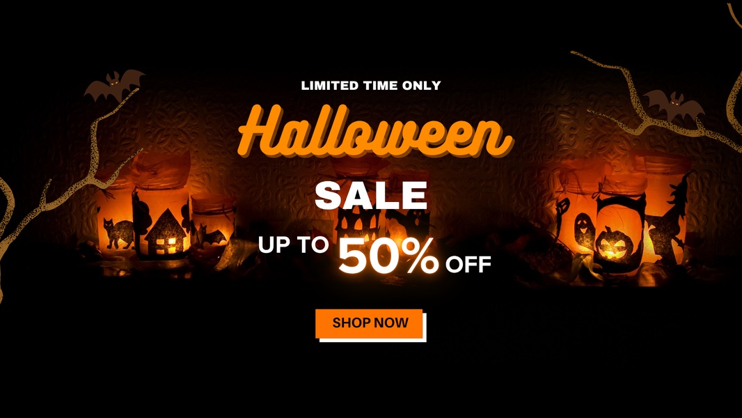 A high-contrast 16:9 banner for a seasonal sale, featuring dark thematic lighting and a clear, urgent discount proposition.