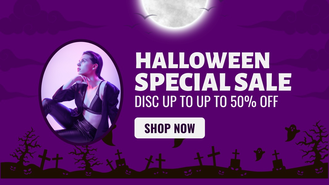A festive promotional creative featuring a model in a purple-tinted, spooky Halloween environment to drive seasonal sales.