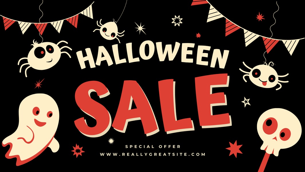 A festive, high-contrast promotional banner featuring a Halloween-themed design with spiders, ghosts, and skulls to announce a seasonal sale.