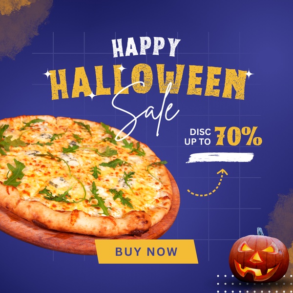 A high-contrast, themed promotional graphic for a pizza sale featuring a pumpkin icon and bold discount messaging.