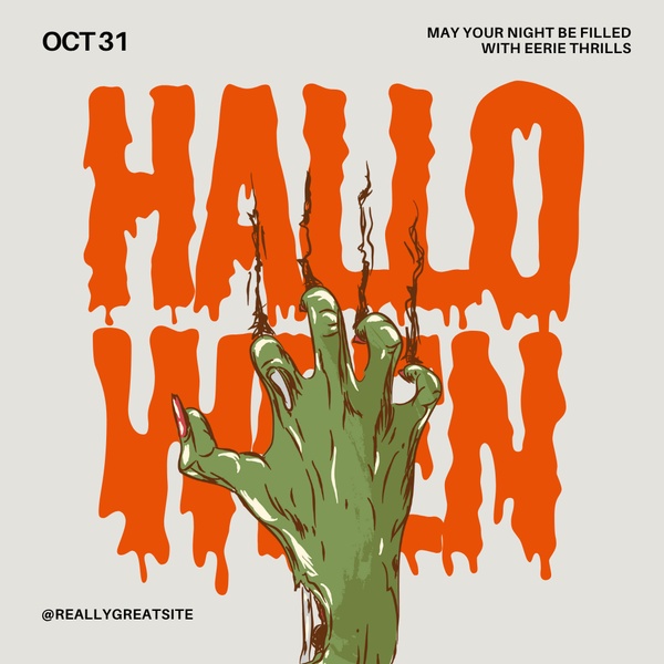 This static square graphic uses a high-contrast illustrative style and a zombie hand hook to promote Halloween events.