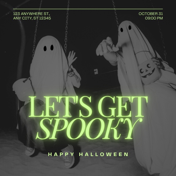 A high-contrast, black-and-white Halloween invitation creative featuring ghost figures and bright neon green typography.