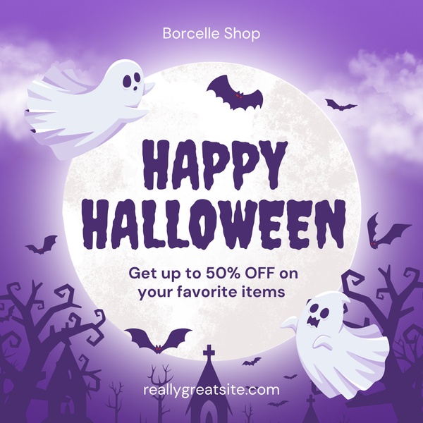 A festive, Halloween-themed promotional banner featuring a ghost and bat illustration with a clear 50% off discount offer.