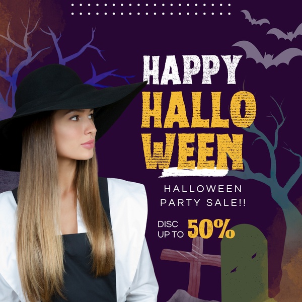 A festive Halloween-themed promotional graphic featuring a model in a witch-style hat, highlighting a 50% discount offer.