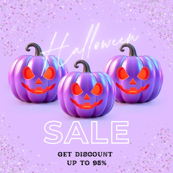 A festive Halloween-themed 1:1 square graphic featuring three jack-o'-lantern pumpkins with glowing eyes on a light purple confetti background.