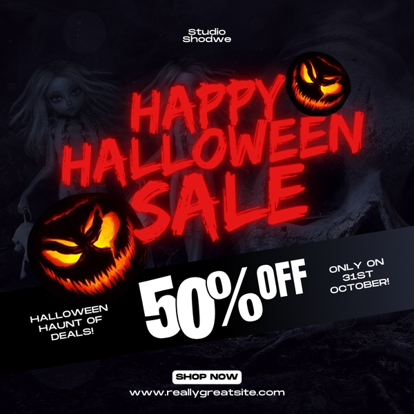 A high-contrast Halloween flash sale graphic featuring scary pumpkin icons and a 50% off discount offer.