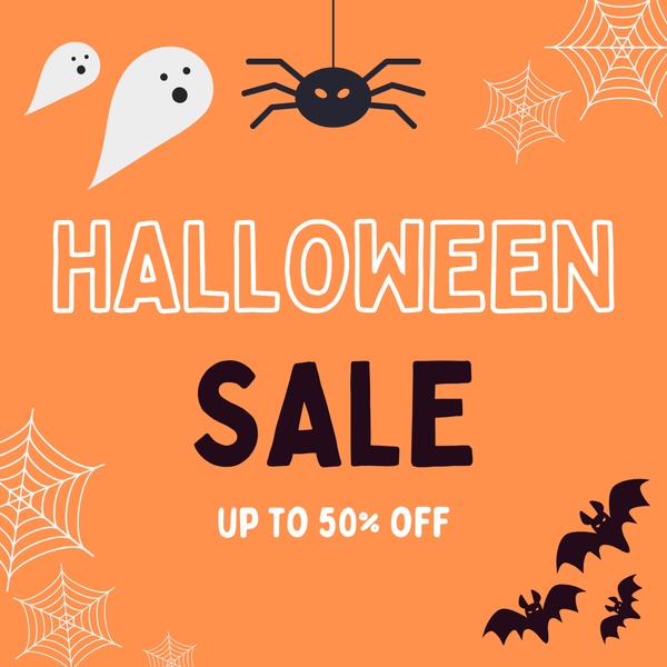 A high-contrast Halloween-themed sale creative featuring a seasonal color palette and playful graphic elements to announce a discount.