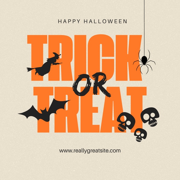 A minimalist, high-contrast Halloween themed graphic featuring bold orange typography on a neutral background with seasonal icons like a witch, bat, spider, and skulls.