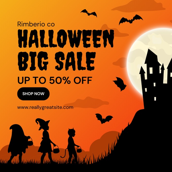 A festive, high-contrast promotional creative utilizing classic Halloween silhouettes and a bold offer to drive clicks during the holiday season.