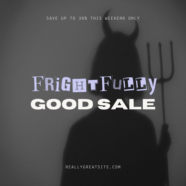 A high-contrast, moody sale announcement featuring a silhouetted figure holding a trident to drive seasonal engagement.