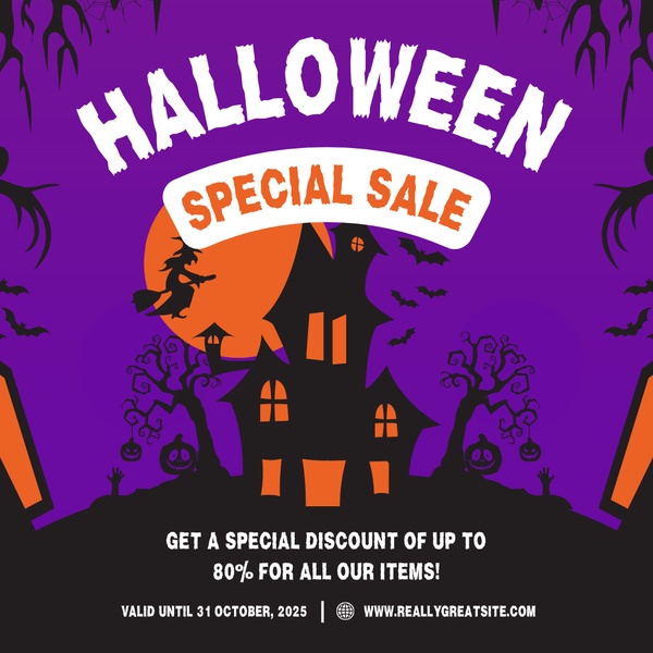 A seasonal promotion graphic featuring a spooky haunted house illustration and a clear 80% discount offer for a holiday sale event.