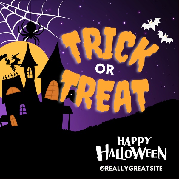 A festive, holiday-themed graphic featuring a spooky house, spider web, and classic Halloween typography in orange and purple.