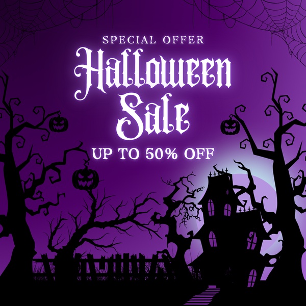 A festive Halloween-themed promotional graphic featuring a spooky, haunted house aesthetic in purple tones with a clear discount offer.
