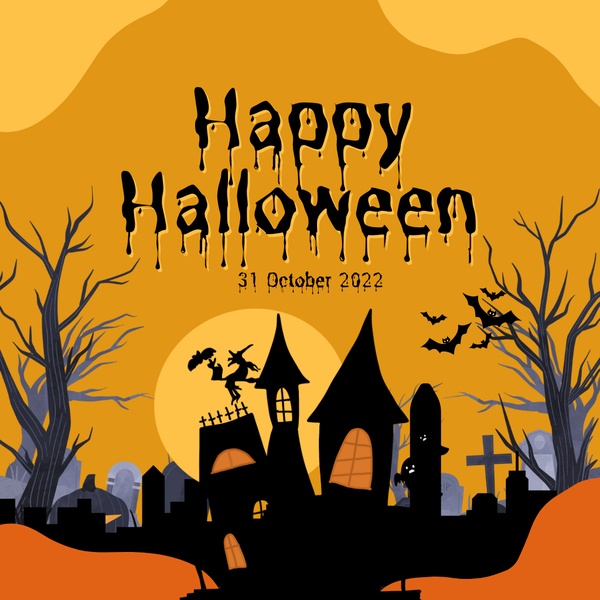 A festive Halloween-themed graphic featuring a haunted house, witch silhouette, and a clear holiday message in a 1:1 square format.
