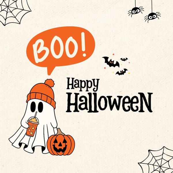 A festive, hand-drawn style illustration featuring a friendly ghost holding a pumpkin drink, accented with spiders, bats, and web motifs.
