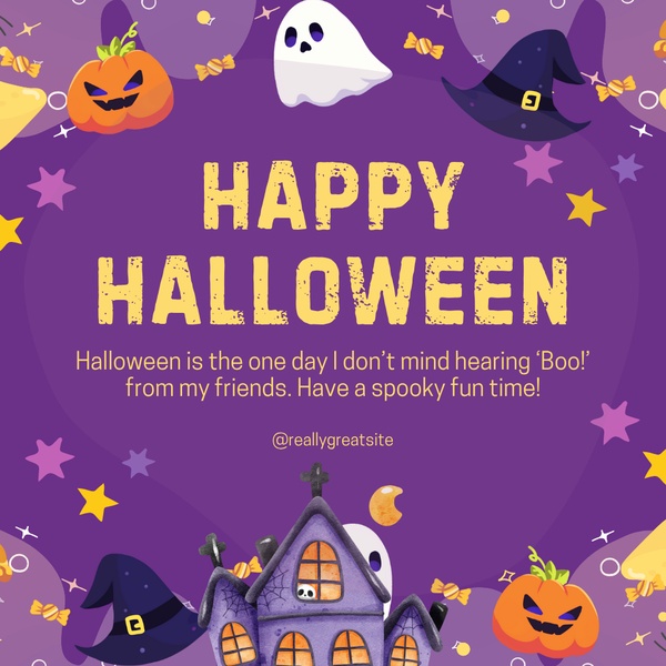 A festive social media card featuring Halloween-themed illustrations, including a ghost, pumpkin, witch hat, and haunted house in a purple, orange, and yellow color palette.