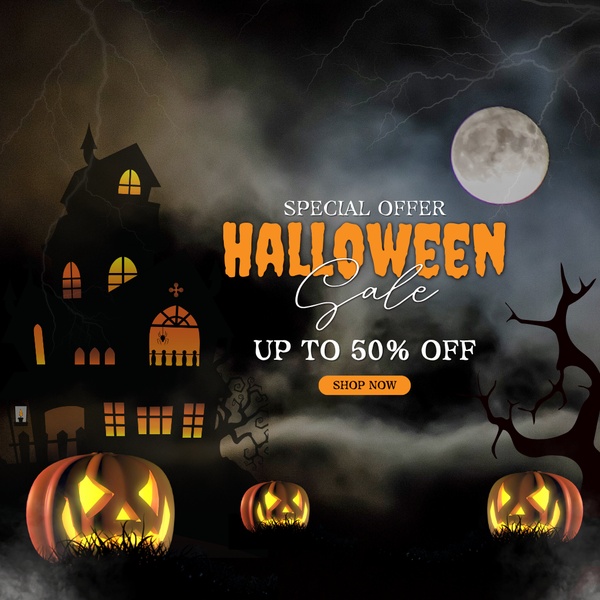 A seasonal event advertisement featuring a spooky haunted house theme, glowing jack-o'-lanterns, and a bold 50% off discount offer.