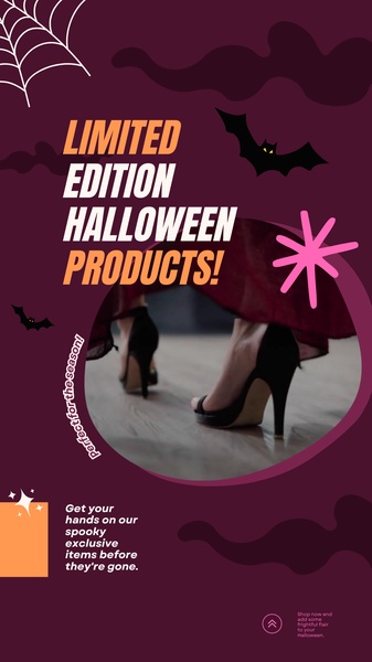 A vertical ad featuring elegant high heels with a Halloween-themed background, leveraging scarcity to drive quick purchases.