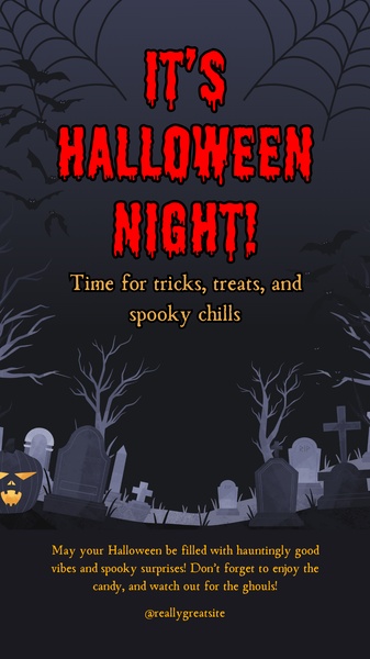 A dark, atmospheric graphic designed for Halloween, featuring bats, gravestones, and a jack-o-lantern to build seasonal engagement.