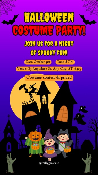 A vertical event invitation for a Halloween party, featuring a festive, spooky-themed illustration and clear event details for an upcoming costume contest.