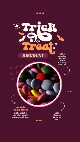 candy, chocolate, sweets, confectionery, treats, sale promotion, modern typography, playful, purple, orange, halloween