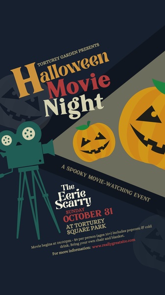 A dark-themed, 9:16 vertical event poster featuring stylized pumpkin illustrations and cinematic imagery to announce a neighborhood movie screening.