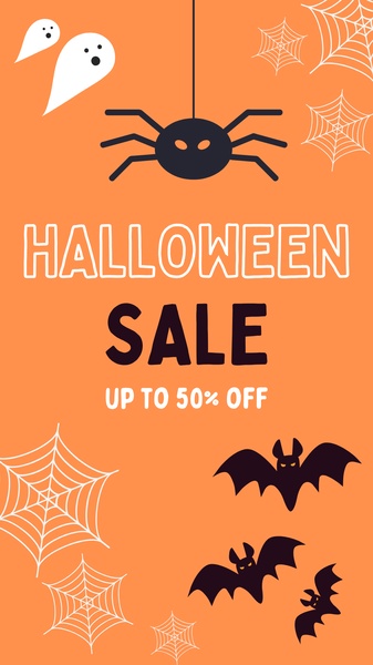 A festive, high-contrast promotional graphic featuring spiders, webs, and ghosts to announce a seasonal store-wide sale.