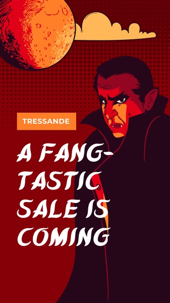 A thematic promotional graphic featuring a vampire character and a full moon background to announce an upcoming retail sale.