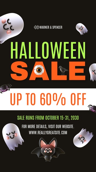 A vertical 9:16 promotional graphic featuring seasonal Halloween motifs and a high-contrast offer for a sitewide discount.